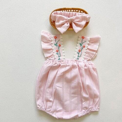 Summer Newborn Baby Girl Bodysuits Infant Baby Girls Jumpsuit Fly Sleeve Cotton Plaid Embroidery Baby Girls Clothes