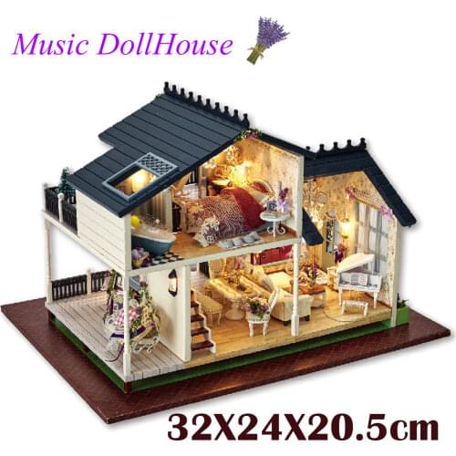 Music LED Light Miniature Doll House Provence Dollhouse DIY Kit Wooden House Model Toy with Furniture Birthday Christmas Gifts