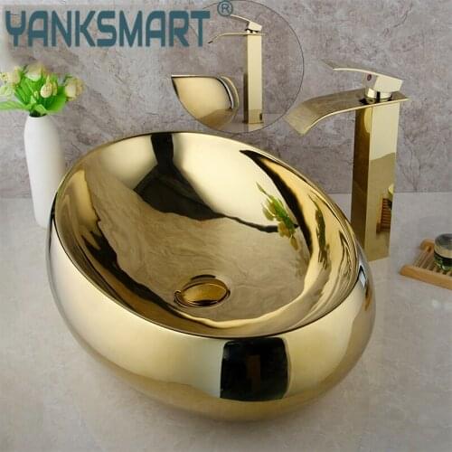 YANKSAMRT Bathroom Gold Basin Set With Washbasin Faucet Brass Single Handle Faucets Waterfall Nozzle Hot & Cold Mixer Water Tap