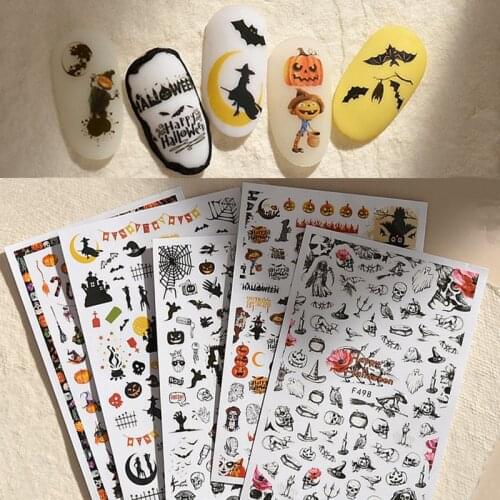 Halloween Nail Art Sticker Ghost Witch Spider Web Pumpkin Nail Decals Sexy Skull Bone Water Transfer Decals Nails Foil Manicure