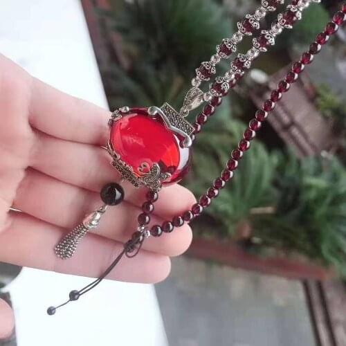 New GB925 Sterling Silver Inlaid Garnet Sweater Chain Pendant