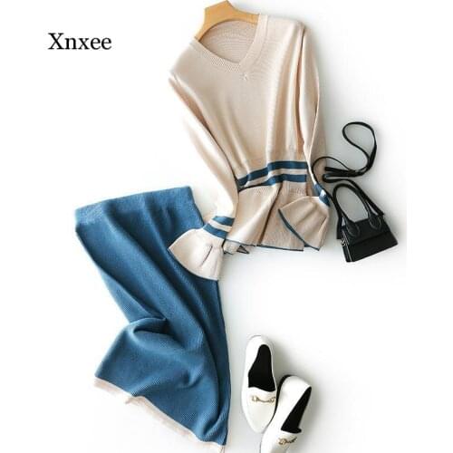 Fall Base Knitted Suit Western Temperament Mature Feminine Spring Top Skirt Two Piece Set Winter Cover Belly Outfits Bodycon