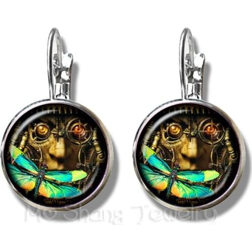 Bee Pattern Earrings Insect Art Picture 16mm Glass Cabochon Dome Silver Plated Stud Earrings For Women Girls Creative Gift