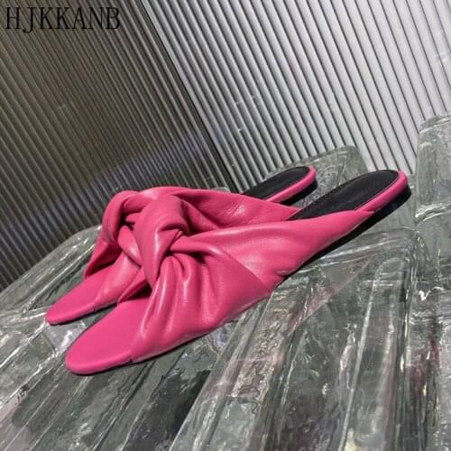 Flat Slippers Women Soft Cozy Real Leather Slides Solid Color Cross Knot Open Toe Beach Shoes Summer Outdoor Leisure Shoes Mules