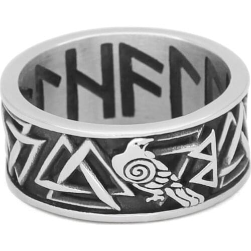 Nordic Viking odin raven Huginn and Muninn valknut rune Amulet Ring Stainless Stee with Valknut Rune Gift Bag