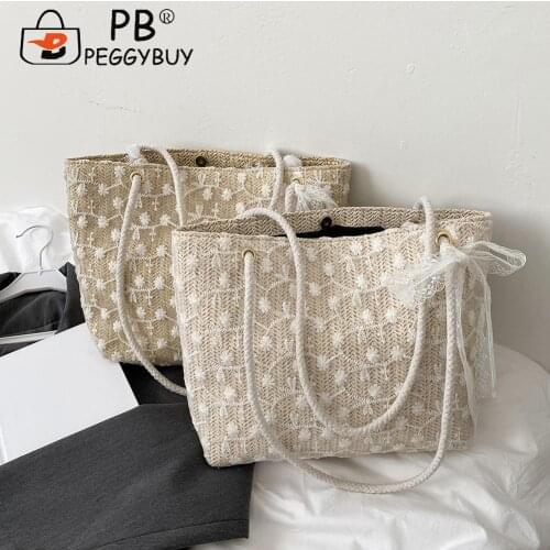Straw Woven Lace Embroidery Shoulder Shopping Bag Casual Ladies Summer Beach Vacation Tote Handbags Leisure Tote Pouch