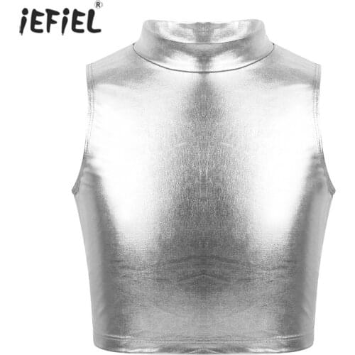 Fashion Metallic Kids Girls Tank Tops Turtleneck Sleeveless Ballet Dance Stage Crop Tops for Children Summer Tank Top Camisole