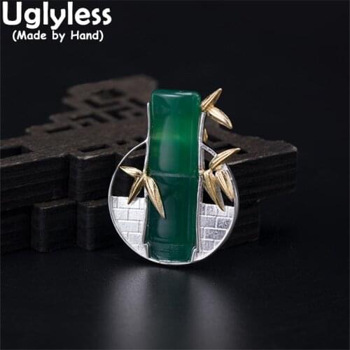 Uglyless Charming Oriental Bamboo Jade Brooches for Men Business Suits Dress Pins Brooches 925 Silver Bamboo Leaves Jewelry Lady