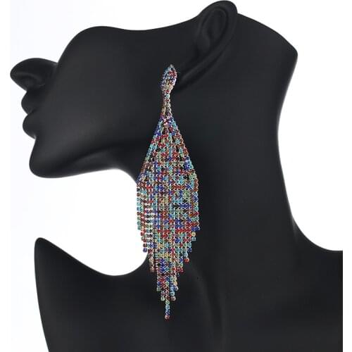 Multi Crystal Tassel Dangle Earrings For Woman Luxury Rhinestone Long Wedding Drop Earring Female Party Bohemia Jewelry