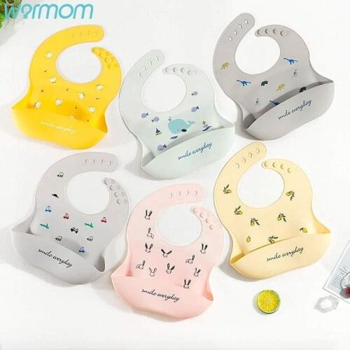 Warmom Cute Cartoon Print Baby Bibs Waterproof Soft Silicone Baby Feeding Stuff Dinosaur Pattern Kids Girl Boy Adjustable Bibs