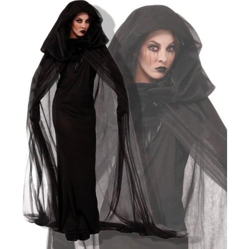 Women Halloween Witch Costume Vampire Bride Cosplay Black Dark Goddess Black Witch Invisibility Cloak Stage Performance Clothing