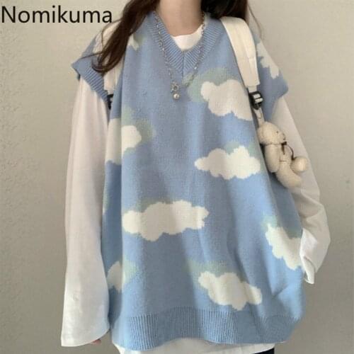 Nomikuma 2020 Autumn Winter Knitted Sleeveless Pullover Causal V-neck Oversized Women Sweater Korean Cloud Pull Femme 6C799