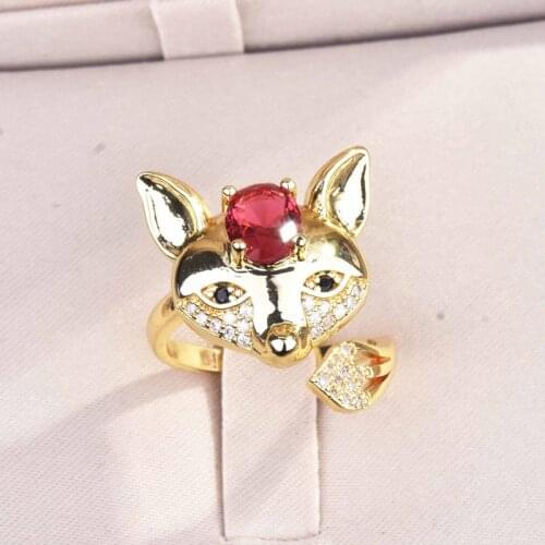 Charm Fox Rings Adjustable Opening With Oval Red Zircon Gold Color Creative Animal Jewelry For Women Wedding Party Birthday Gift