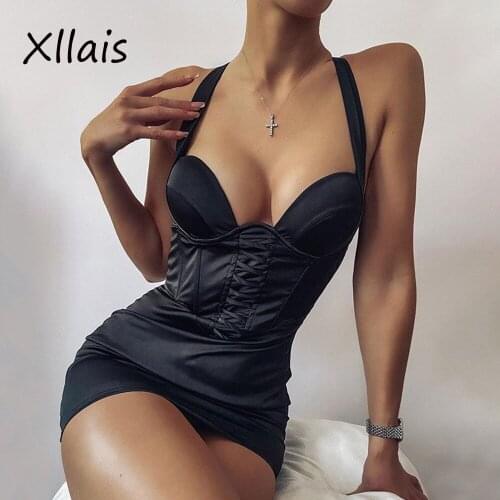 XLLAIS Sexy Halter Sleeveless Backless Robe Mini Celebrity Party Clothes Bandage V Neck Bodycon Dresses For Women