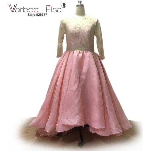 VARBOO_ELSA New Real Photo Pink Organza Evening Dress High Low Prom Dress 2018 Custom Lace Appliques Prom Dress vestido de festa