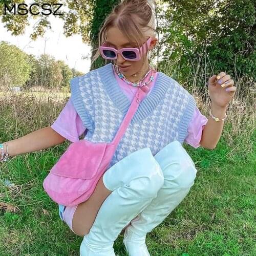 Houndstooth Womens Vest V-Neck Sleeveless Knitted Vintage Sweater Vest Ladies Fashion Knitwear Top Outerwear