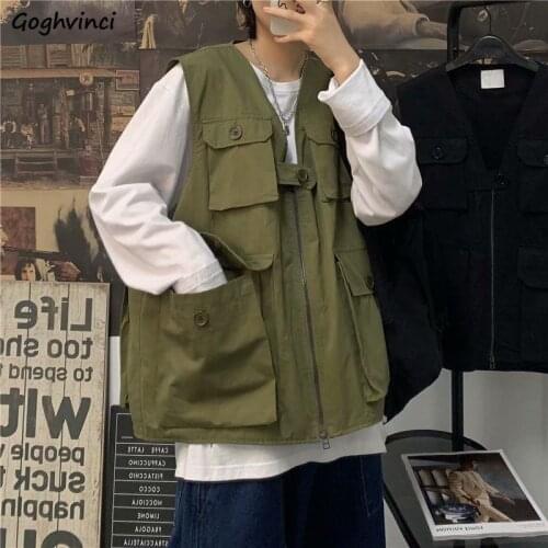 Large Size 3XL Women Vests Solid Leisure V-neck Outwear Waistcoats Couples Loose Multi-pockets BF Hip-hop Chic Jacket Streetwear