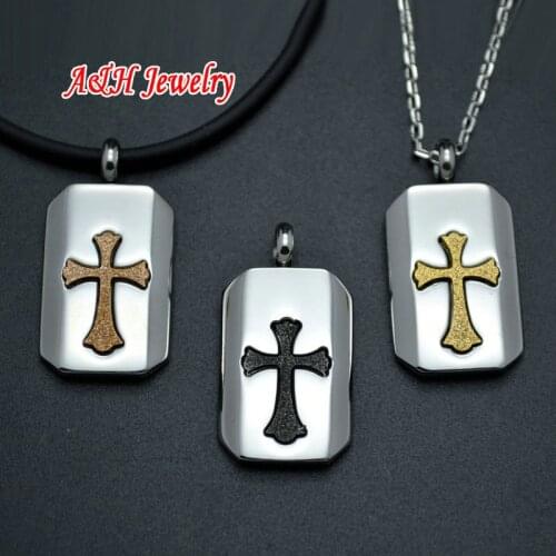 3pcs Mixed Color 316L Stainless Steel Rose Gold Gun Black Cross Pendant 16'' Rubber Chain Necklace Christmas & Birthday Gift