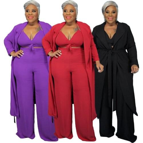 Plus Size Elegant Clothing Women Pure Color Three Piece Sets Autumn 2021 Lace up Vest Wide Leg Pants Mid Calf Cardigan Suits