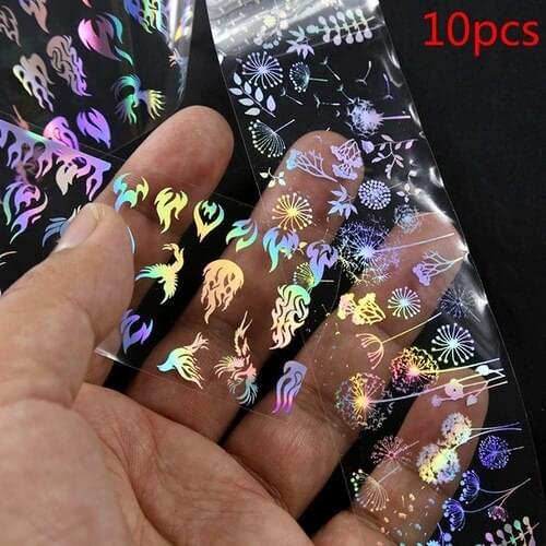 10Pcs 4*20cm new Holographic Nail Foil Flame Dandelion Panda Bamboo Holo Nail Art Transfer Sticker Water Slide Nail Art Decals
