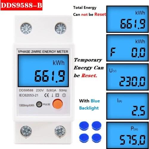 Backlight Single Phase 230V 5(80)A Digital Wattemeter Din Rail Electric KWH Power Meter Voltmeter Ammeter with Reset function