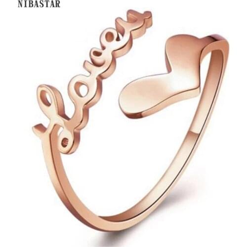 NIBA Heart Rose Gold Color Titanium Steel Rings For Women Opening Love Letters Ring For Lady Girl Wedding Jewelry Gift Accessory