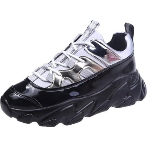 Womens Black Patent Leather Shoes 2020 Spring All-match Platform Platform Sneakers Shoes for Women