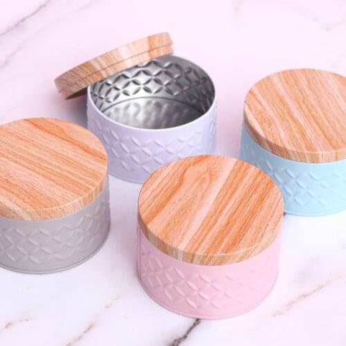 Round Empty Iron Box With Wood Grain Lid Candy Storage Box Diy Candle Making Jar candle making supplies sealing wax diy pink