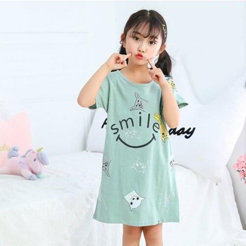 Girls Summer Pijamas Smile Dress Cartoon Animals Pajamas Dresses Toddler Girl Nightwears Green Cotton Sleepwear for 2-14Y