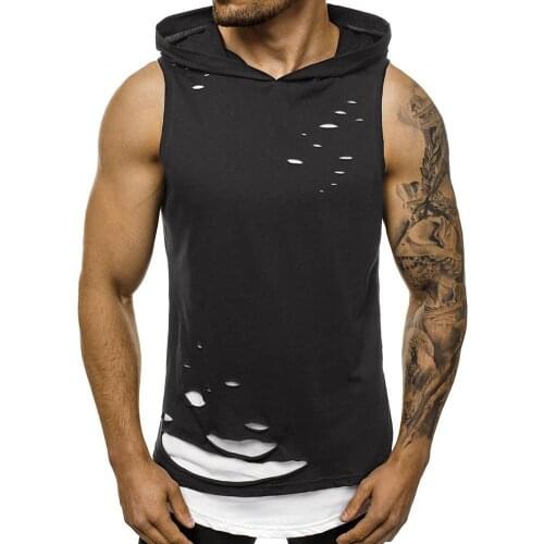 Men Blouse Summer Stylish Double-Layer Ripped Cotton Blend Sleeveless Vest Sports Hoodie Blouse Men Clothing Army Green M