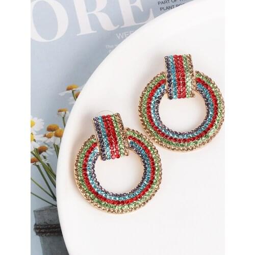 FASHIONSNOOPS Vintage Charm Round Colorful Crystal Earrings Multicolored Glass Big Drop Earrings Women Jewelry Gifts