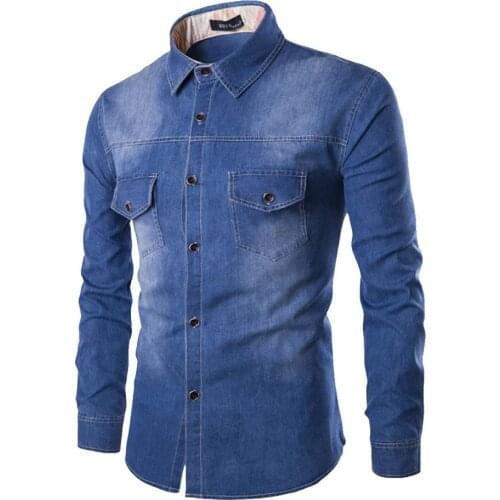Wholesale 2019 super large size 6XL mens denim shirt chest double pocket slim cowboy washing long sleeve shirt camisa masculina