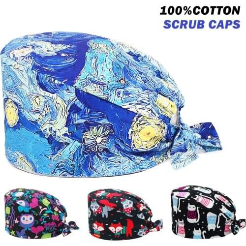 New Surgicals Hat Adjustable Pure Cotton Anime Printing Nursing Cap Dental Clinic Pet Shop Beauty Salon Scrub Hat for Women Men