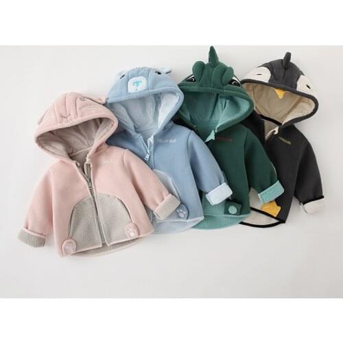 Autumn Winter Girls And Boys Polar Fleece Jackets Baby Clothes Kids Plus Fleece Warm Hooded Cartoon Animals Coats