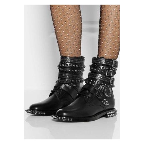 2017 fall Studded Rangers Low Combat Black Boots Genuine leather multi wrap around spike and stud embellished buckle boots