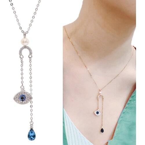 HI MAN European Fashion Pearl U-shaped Pendant Necklace Women Pavé Crystal Evil Eye Tassel Simple Temperament Party Jewelry
