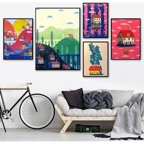 Prints Building Poster Wall Art Modular Sky Canvas Cactus Pictures Plant Painting Home Background No Framework Living Room Decor