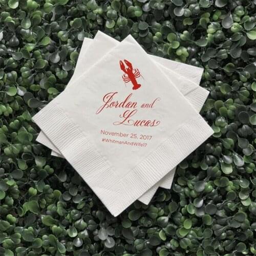 Personalized Wedding Napkins, Rehearsal Dinner, Engagement Party, Custom Bar Napkins, Custom Lobster Wedding Napkins