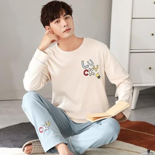 Pajamas Mens Autumn and Winter Pure Cotton Long-sleeved Thin Section Teenager Cartoon Student Cotton Homewear Two-piece Suit