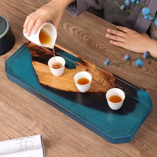Large Size Rectangle Wood Resin Tea Tray For Kungfu Teacup Teapot Home Wet And Dry Dual-use Solid Wooden Table Serving Board