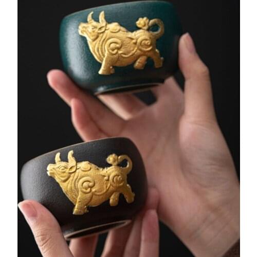 Embossed Golden Ox Tea Cup Stoneware Ceramic Large Cattle Master Cup Individual Single Jianzhan Teacup New Year Gift