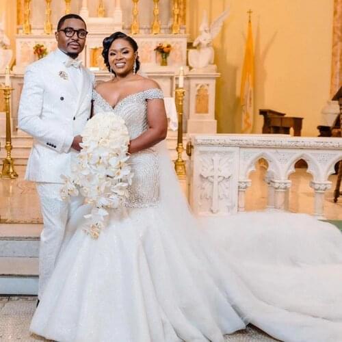 Luxurious Crystals Beaded Shinny Skirt Robe De Marriage Dubai African Off Shoulder Bridal Gowns Lace-Up Mermaid Wedding Dress