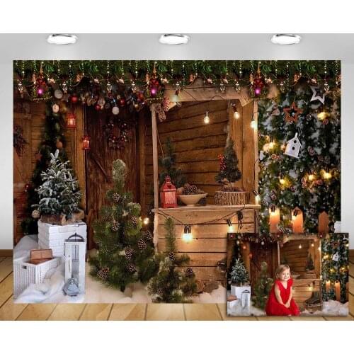 Mehofond Christmas Backdrop Wooden House Snow Skiing Outdoor Bulb Baby Portrait Decoration Photography Background Photo Studio