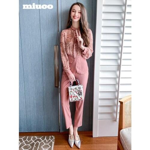 Printed shirt with bow and ribbon collar+High waist straight trousers suit 2021 Spring new High Quality Top Quality