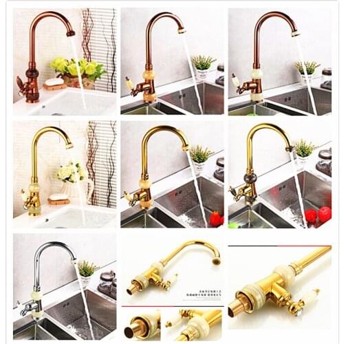 Natural jade faucet brass retro European kitchen hot and cold water faucet European gold jade faucet