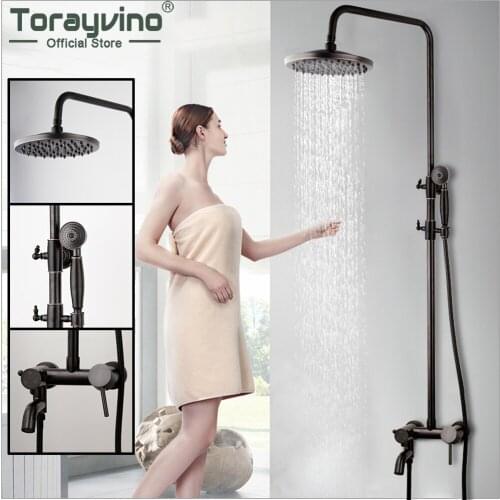 Torayvino 8 Inch Square Rainfall Shower Head ORB Black Bathroom Faucet Set Wall Mounted Shower System Combo Kit Mixer Water Tap