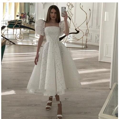 Vintage Tea Length Lace Wedding Dress A Line 2021 Off Shoulder Puff Short Sleeve Bridal Gowns Reception Dresses Robe De Mariage