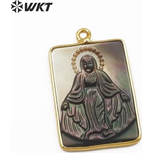 WT-JP084 Blessed Virgin Mary Miraculous Rectangle Medal Natural Sea Shell With Dainty Carve Gold Electroplated Shell Pendant