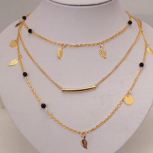 New Hot Selling Fashion Multilayer Leaves Black Beads Short Necklace Women Jewelry Wholesale Personality Simple Necklace