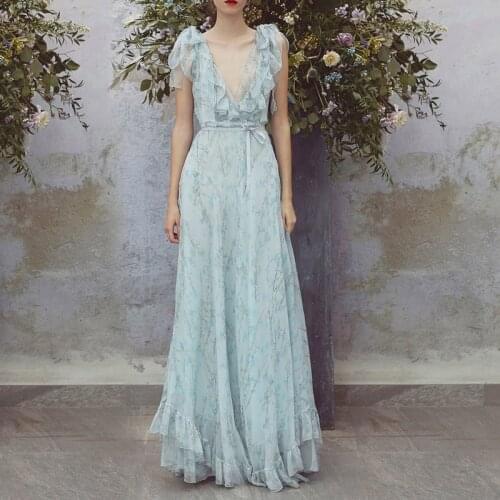 Vintage Blue Flower Printed Chiffon Long Dresses for Women 2021 Elegant Ruffles V-neck Pleated Maxi Summer Dress Vestidos